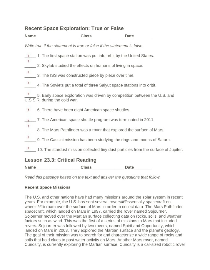 Recent Space Exploration - Worksheet