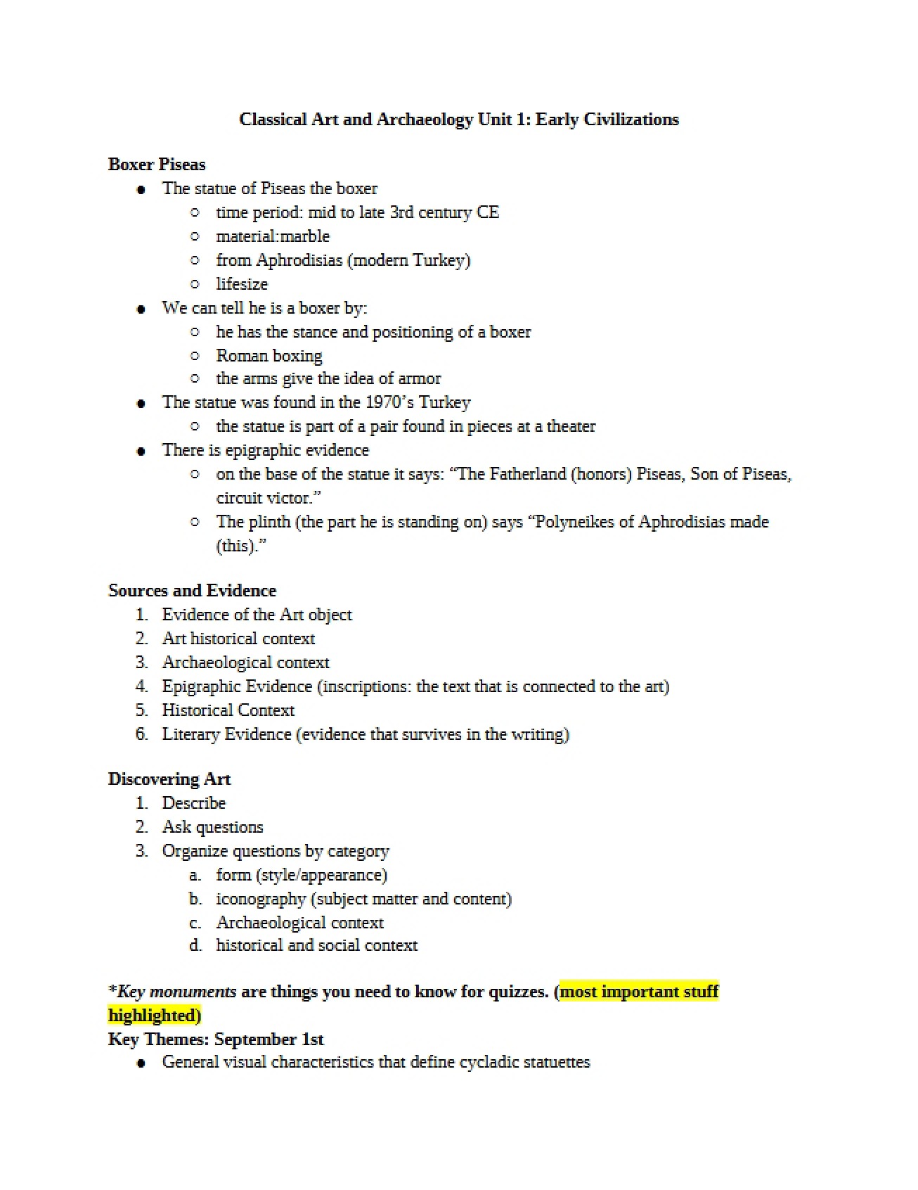 Unit One Early Civilizations (Classical Art and Archaeology)
