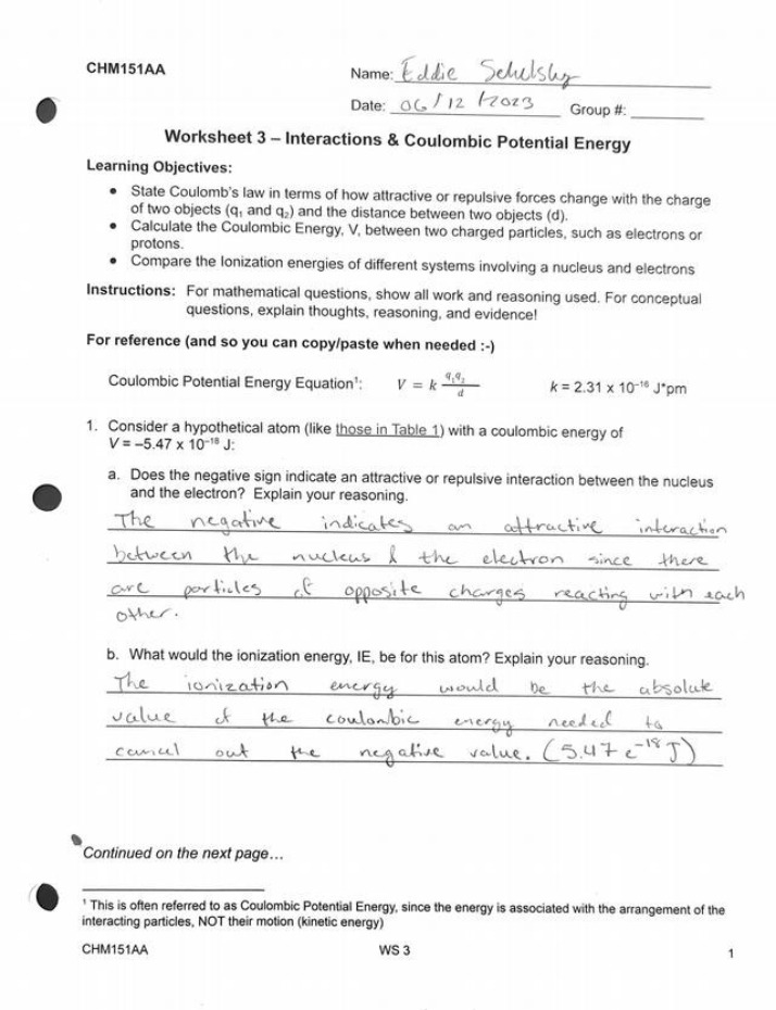 Worksheet 3 - Interactions and Coulombic Potential Energy