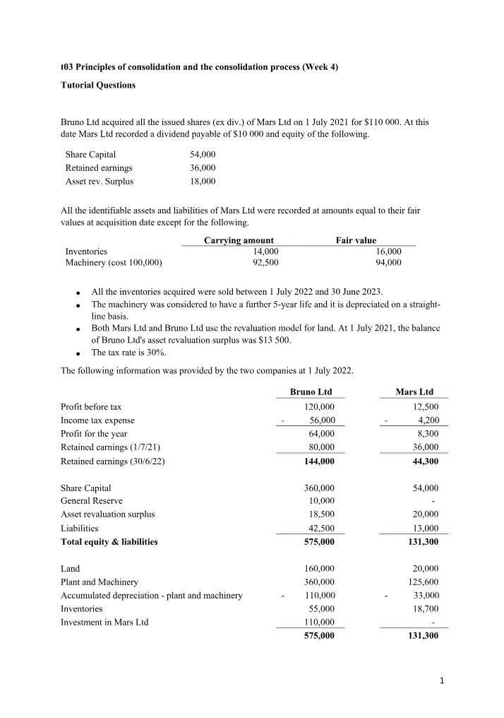 Principles of Consolidation Tutorial Questions