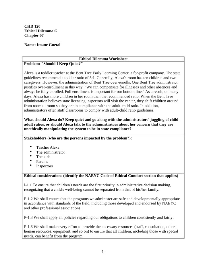 Toddler Care Over-Enrollment - Ethical Dilemma Worksheet