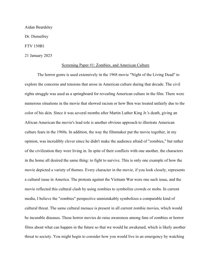 Zombies and American Culture - Screening Paper 1