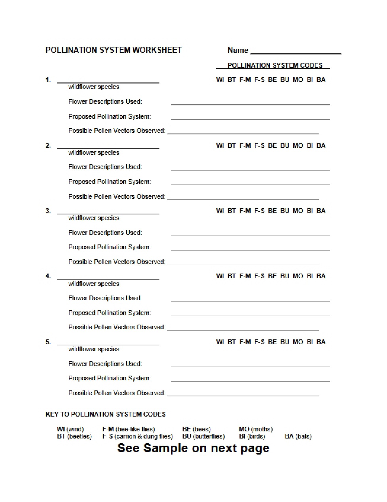 Second Worksheet on Pollination Systems