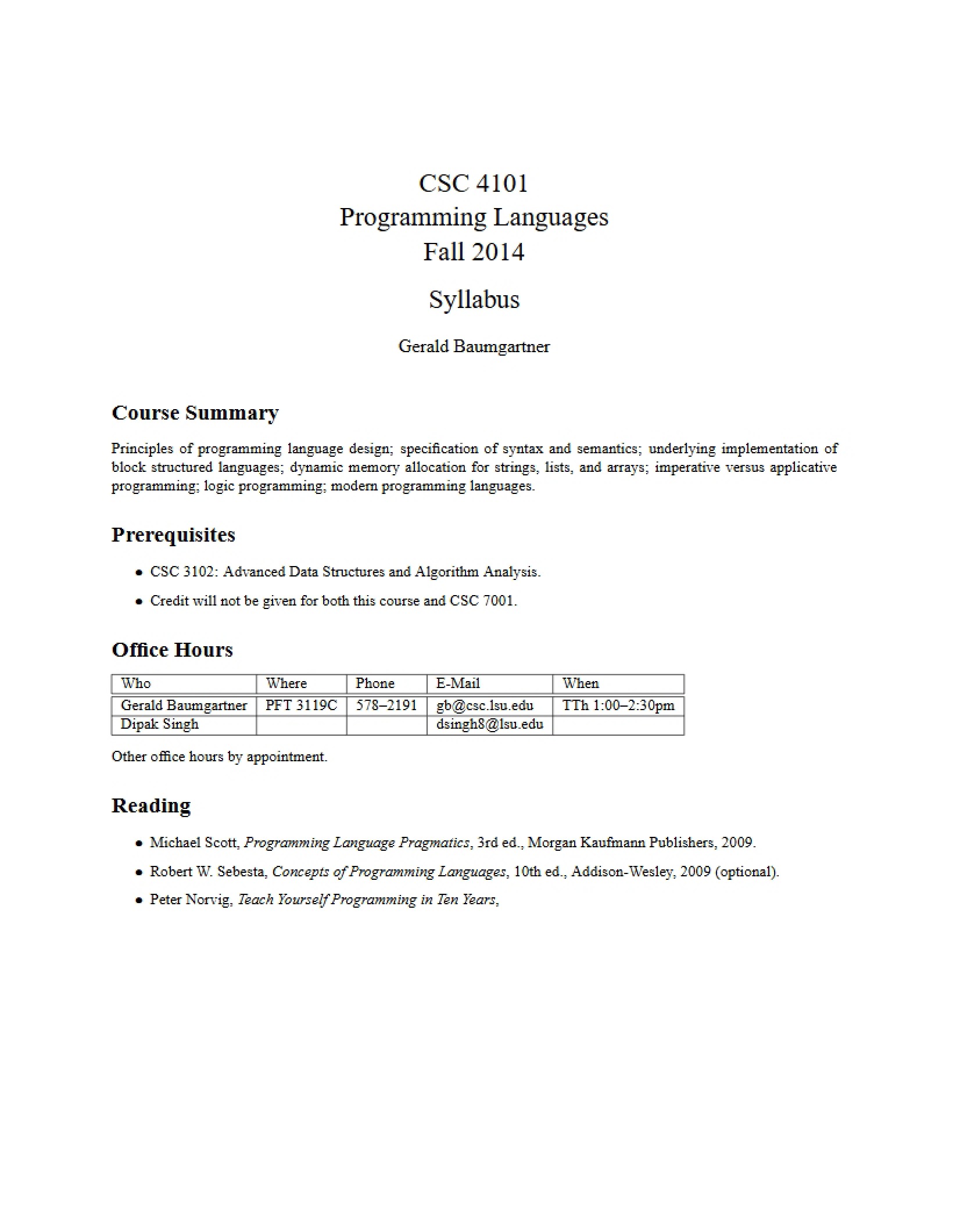Prog Languages Syllabus