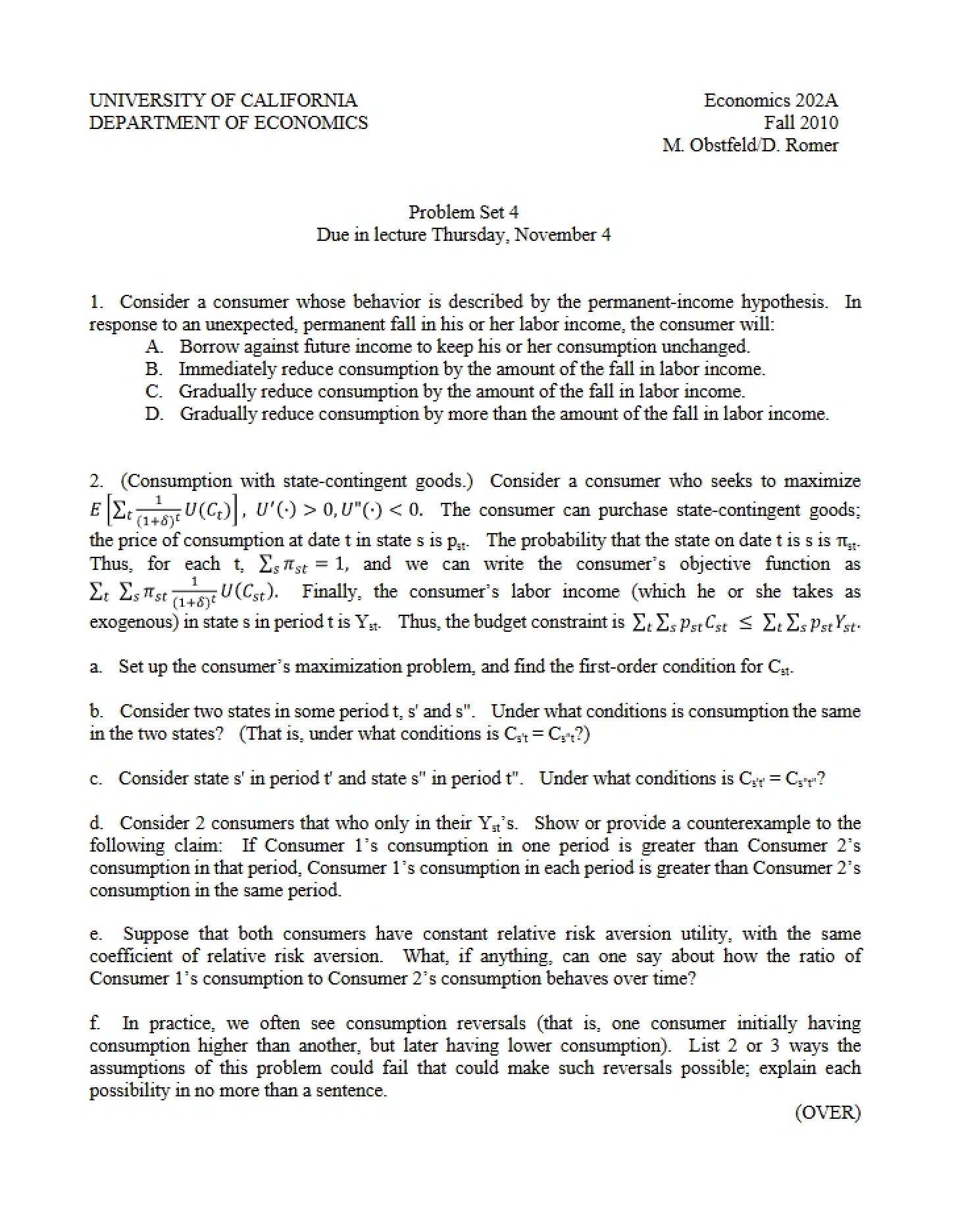 Problem Set 4 - ECON 202A
