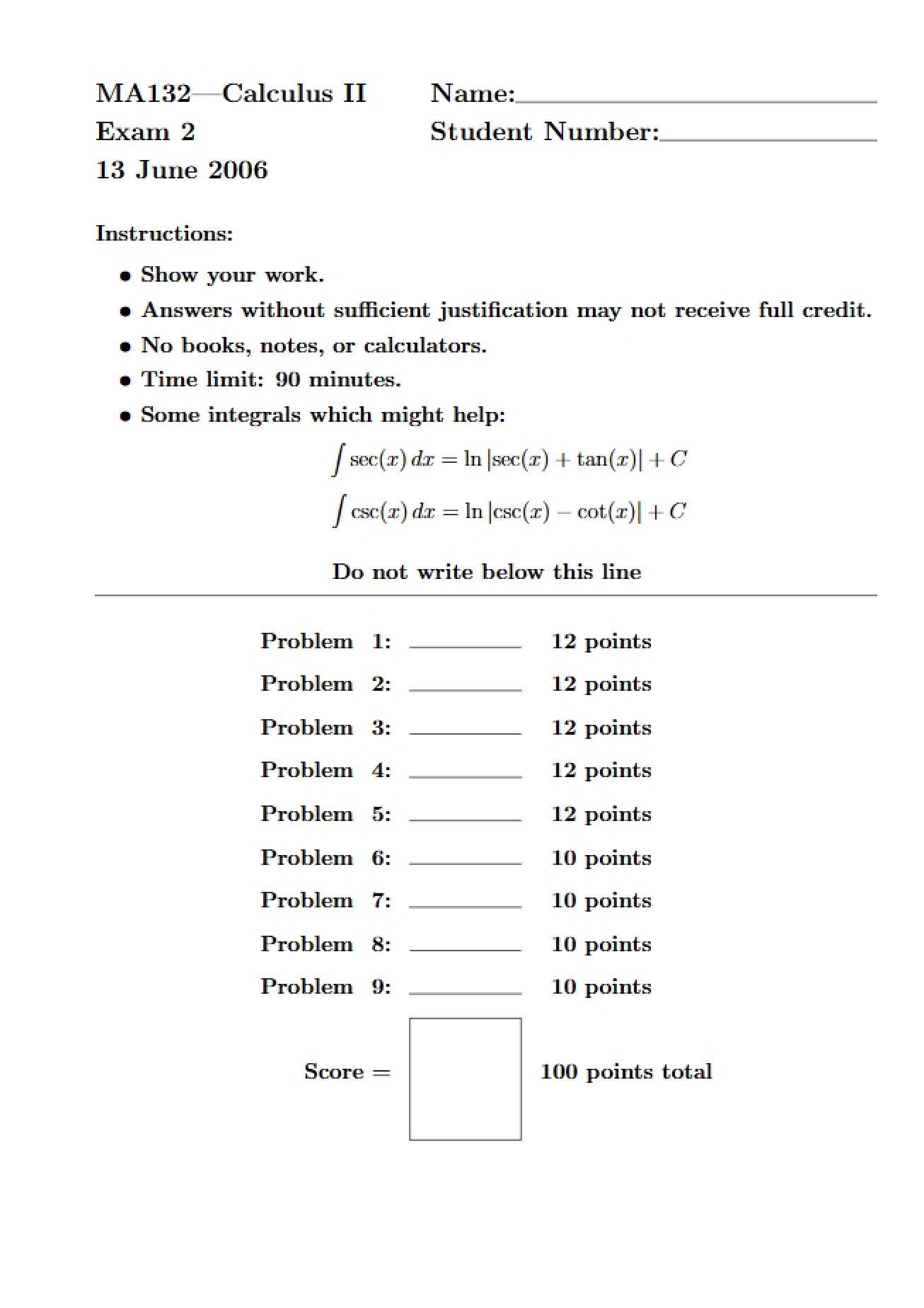 Calculus II Exam One