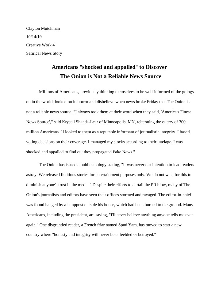 Satirical News Story - Creative Work 4