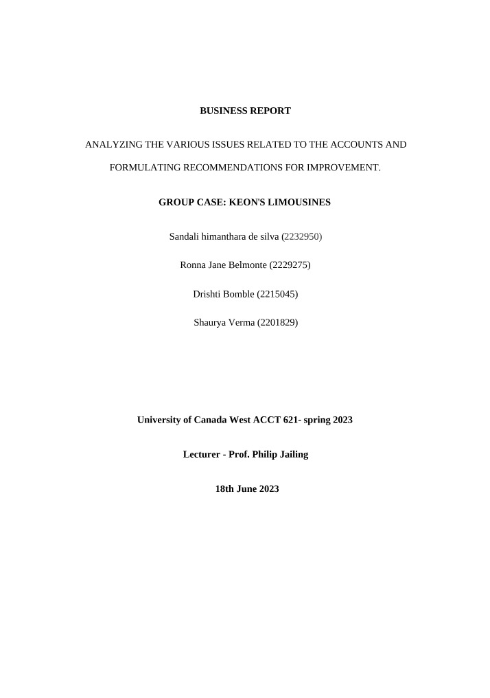 Keon's Limousines - Group Case Business Report