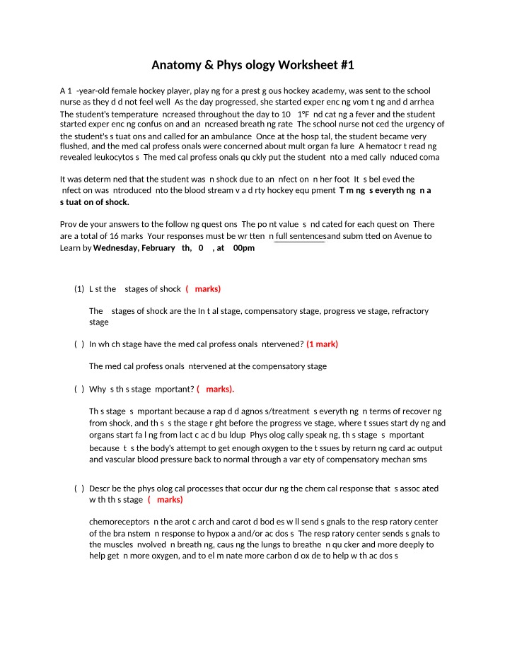 Anatomy and Physiology Worksheet 1