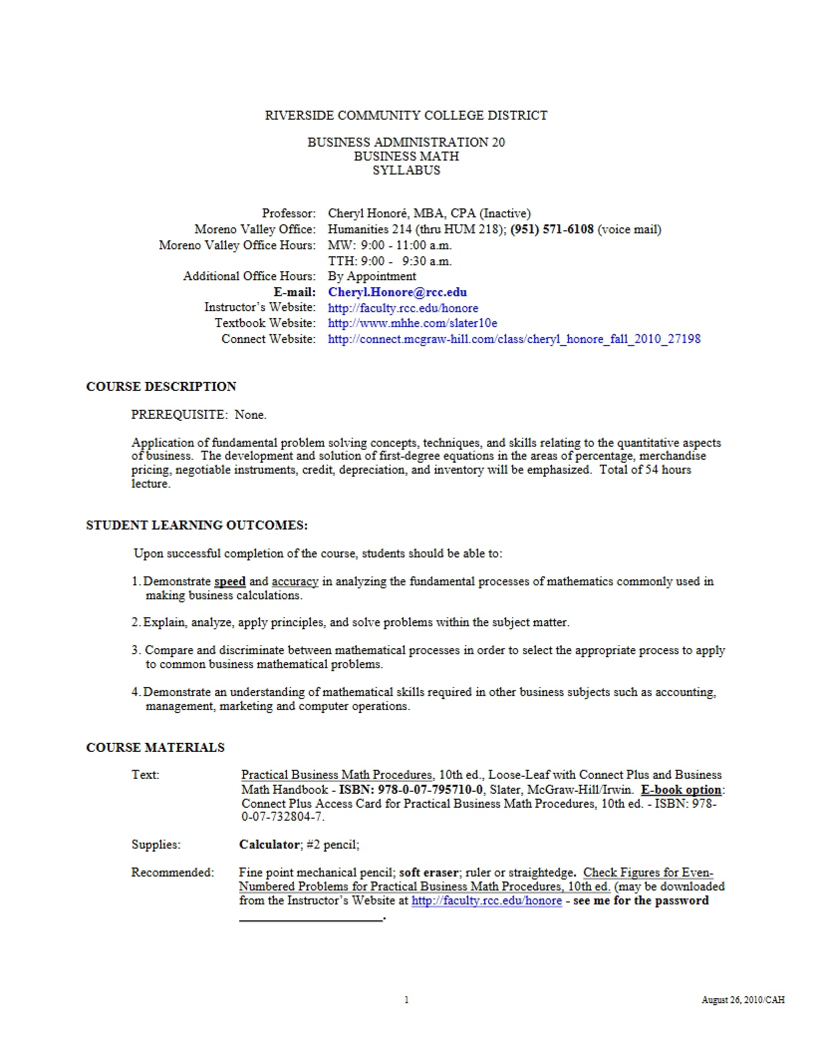 Business Math Course Syllabus