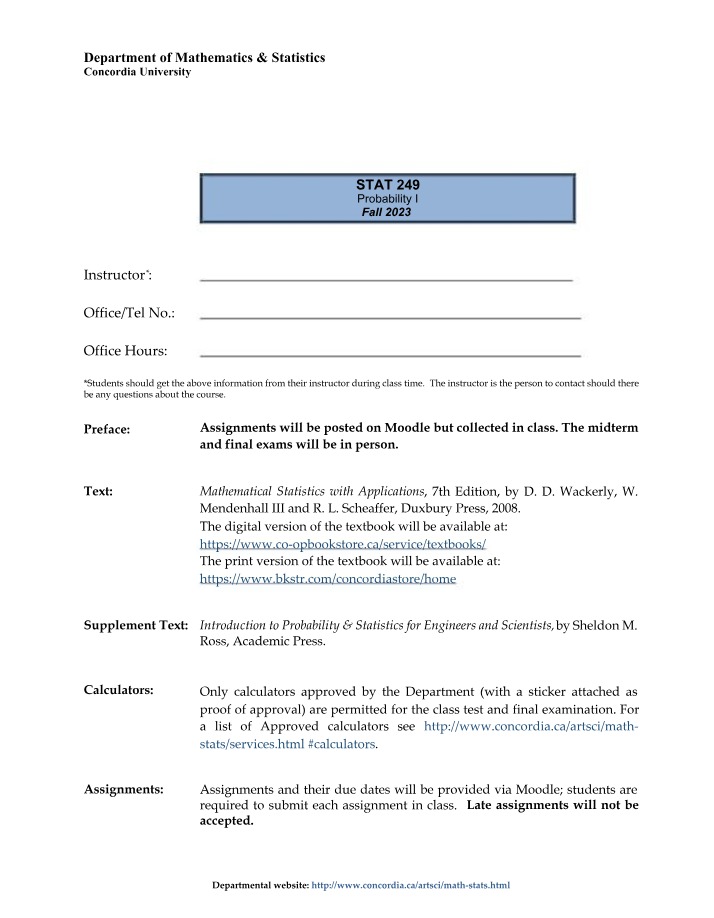 Course Details and Expectations for STAT 249 Probability I