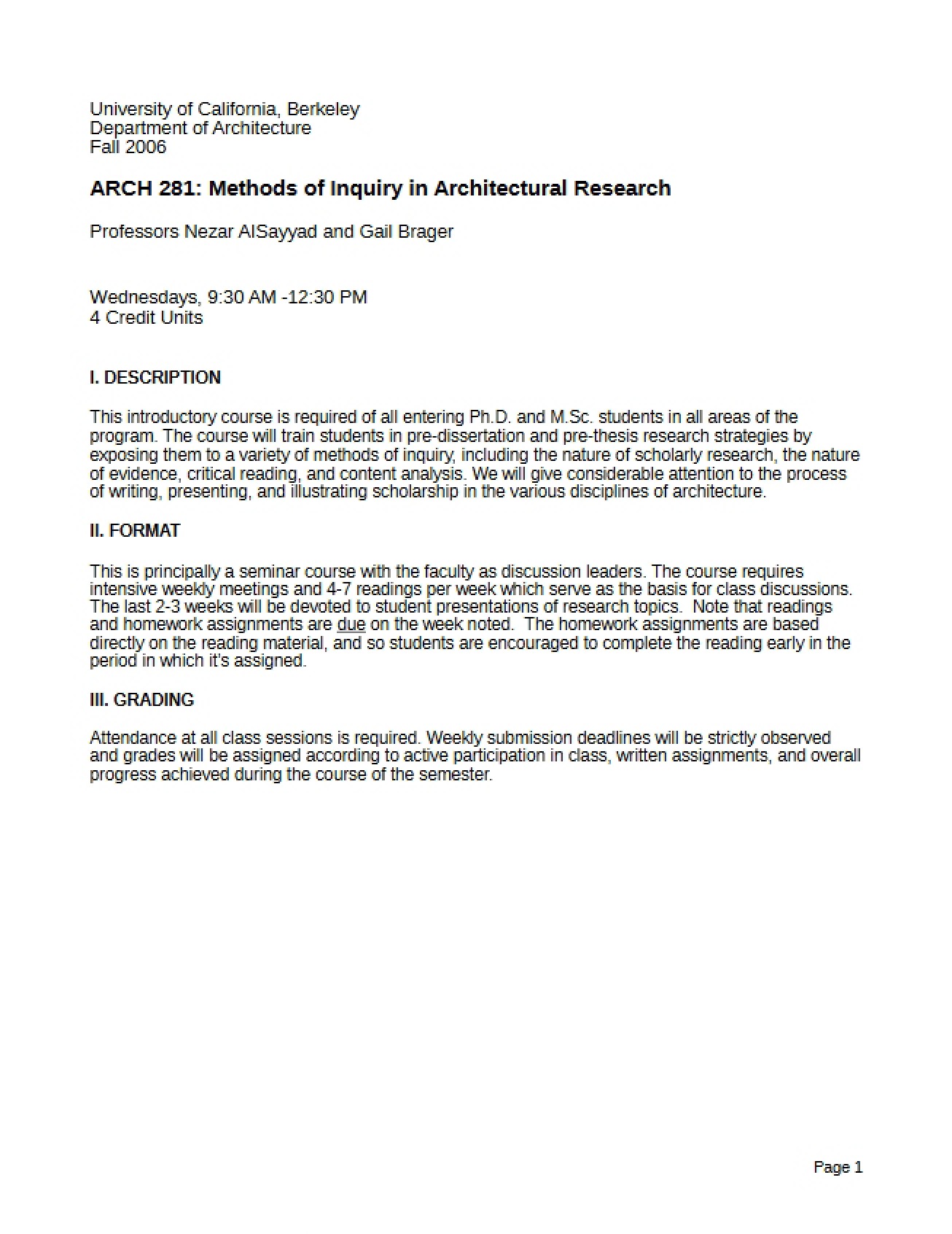 Architectural Research Inquiry Syllabus
