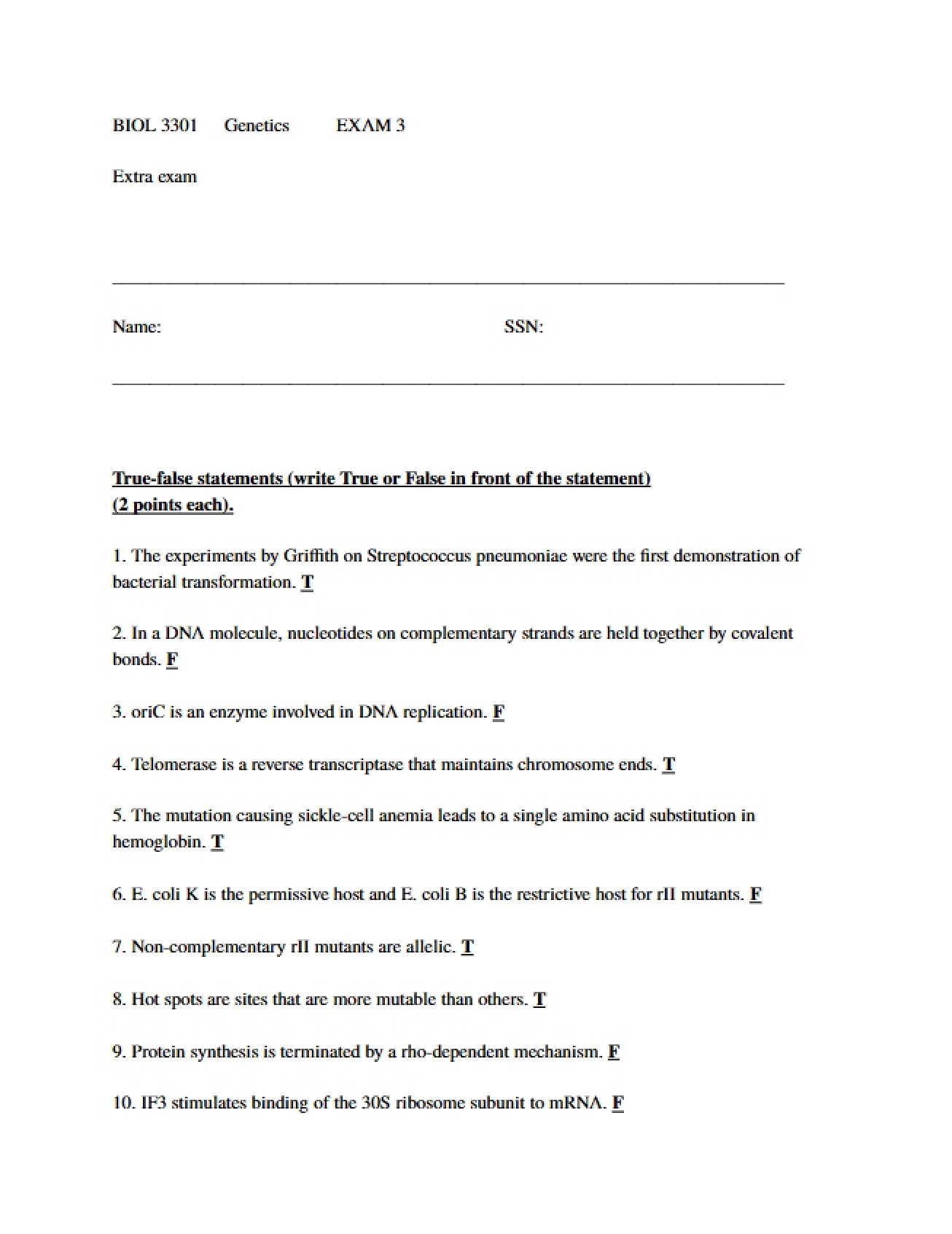 Sample Key for Exam Three