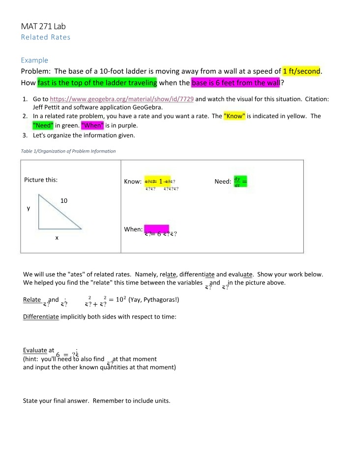 Related Rates Lab 5 (MAT271 FA21)