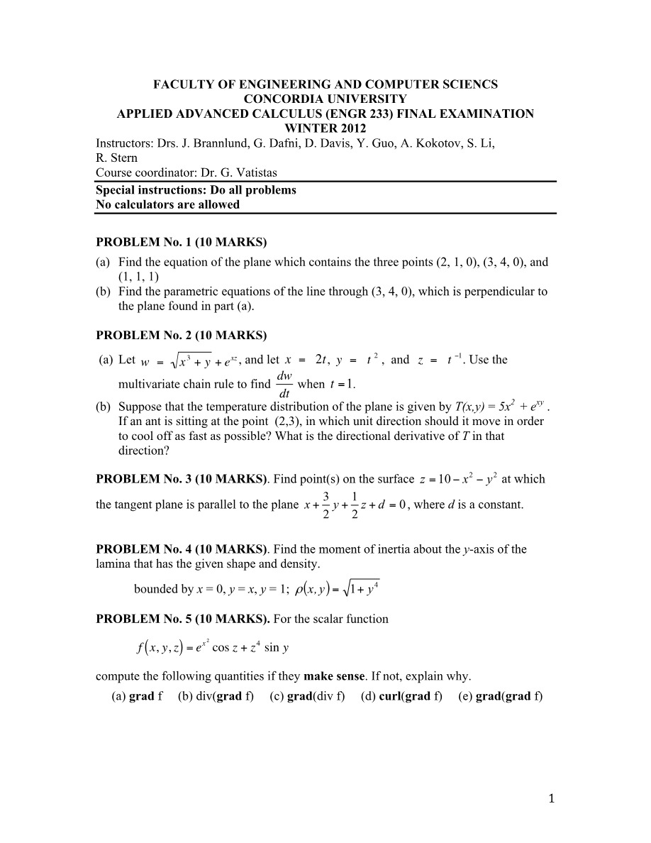 Winter 2012 Final Examination - ENGR 233