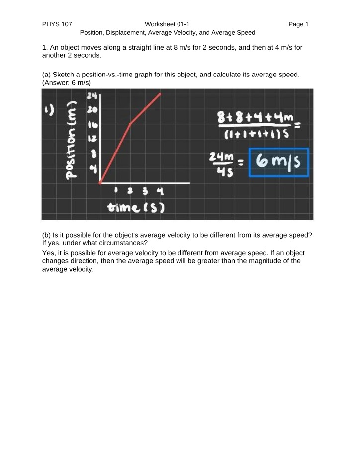 Position, Displacement, Average Velocity, and Average Speed - Worksheet 01