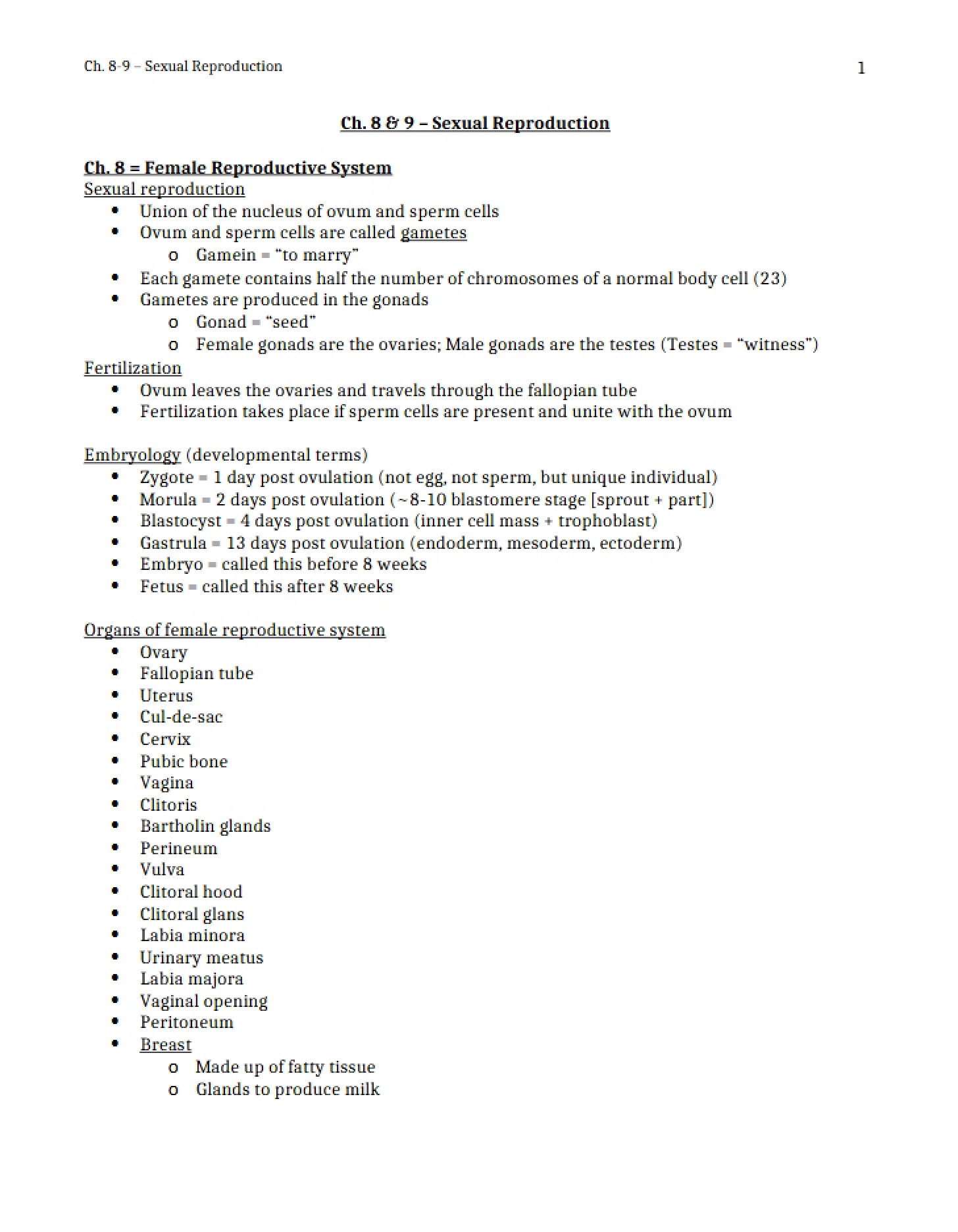 Reproduction (Sexual) - Ch 8 & 9