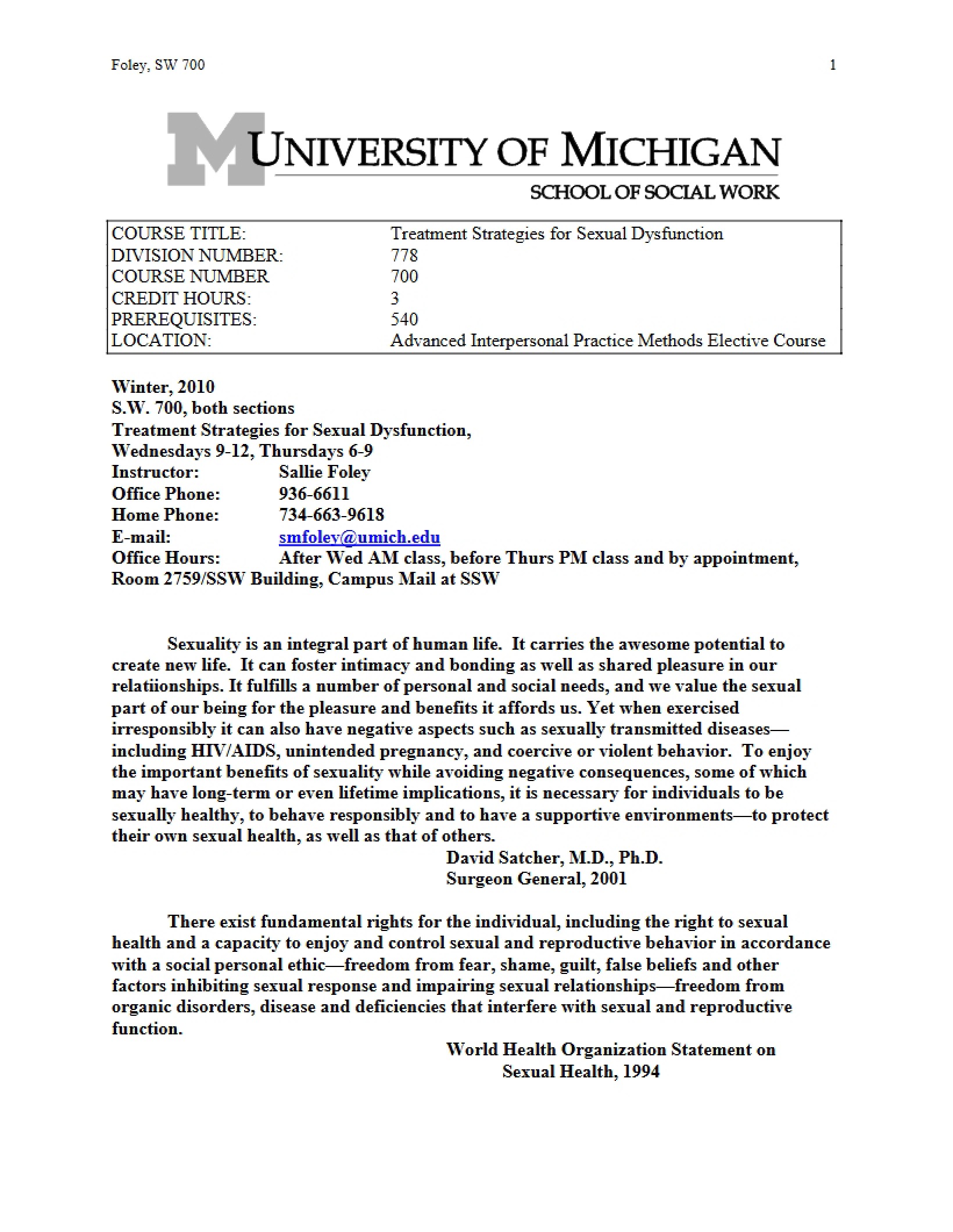 Course Syllabus SW 700