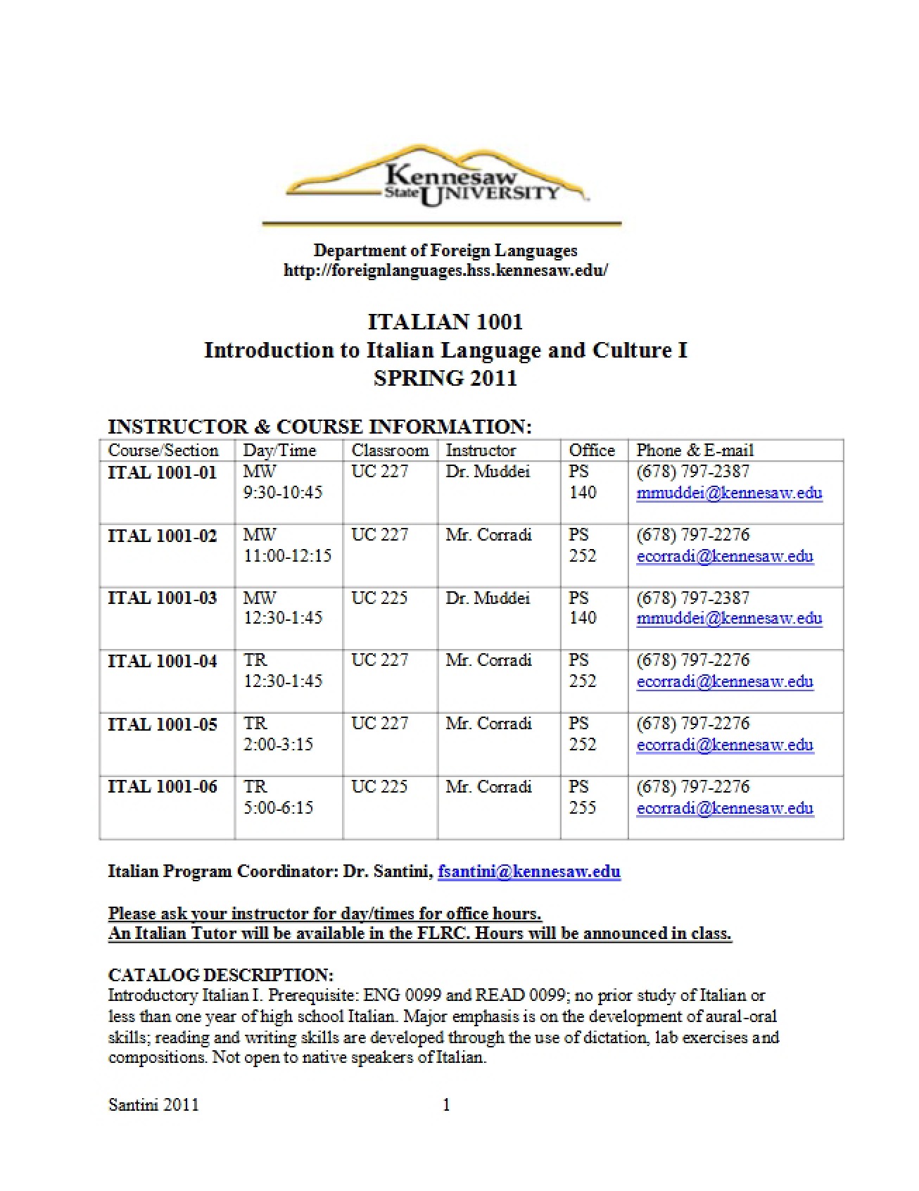 Course Outline for Introduction to Italian II