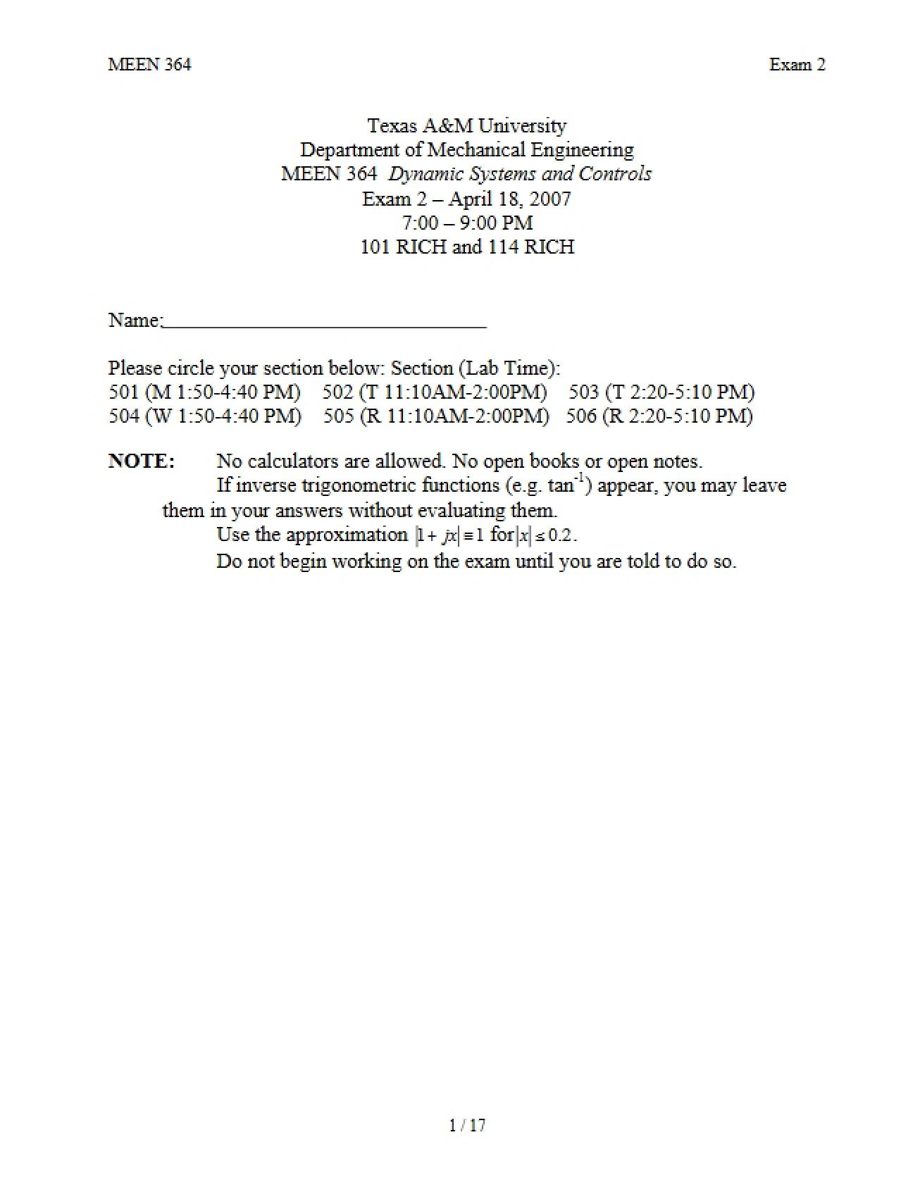 MEEN 364 Spring 2007 Exam Two