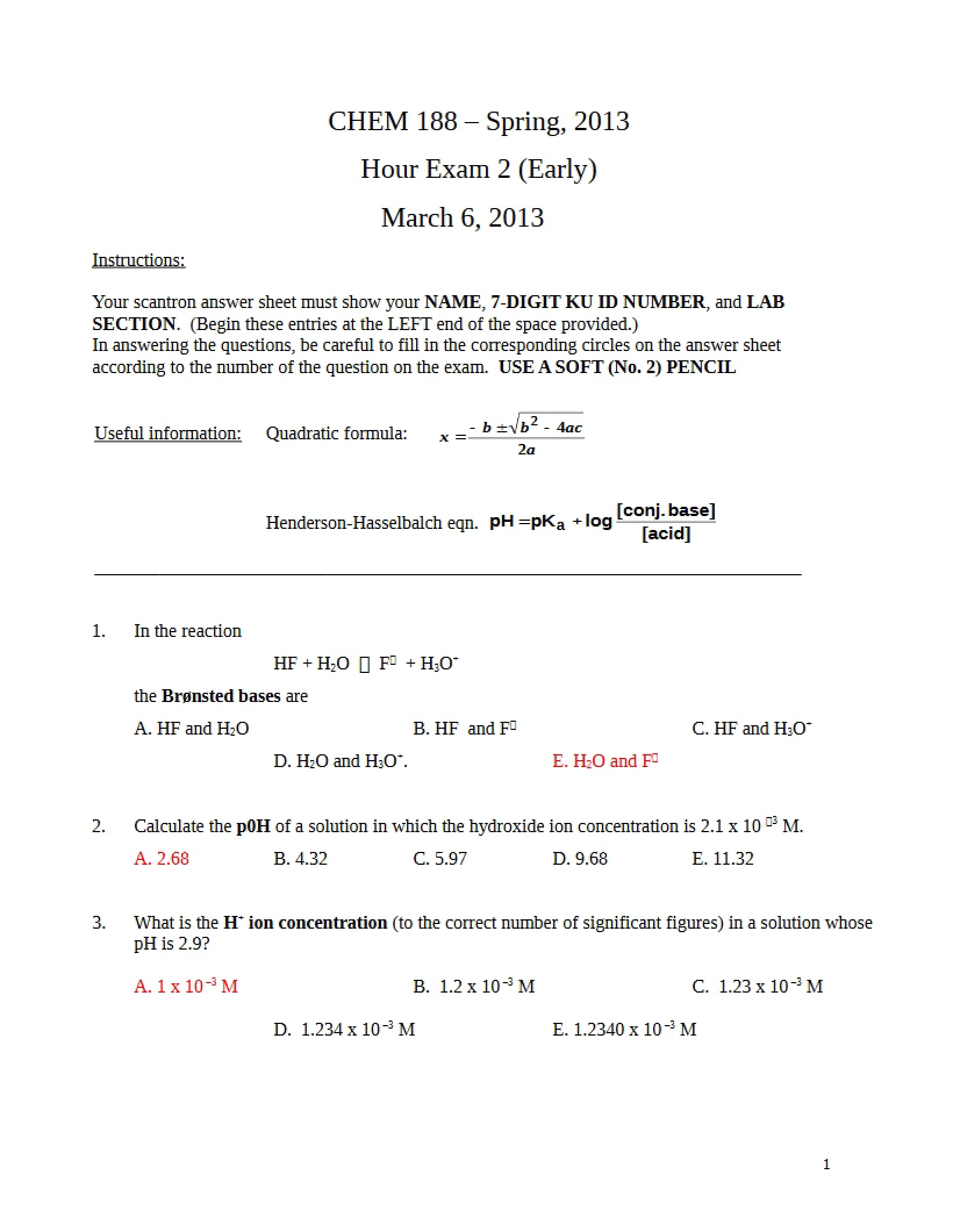 Early Version Exam Two 2013