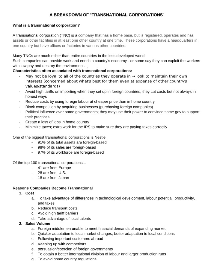 Breakdown of Transnational Corporations