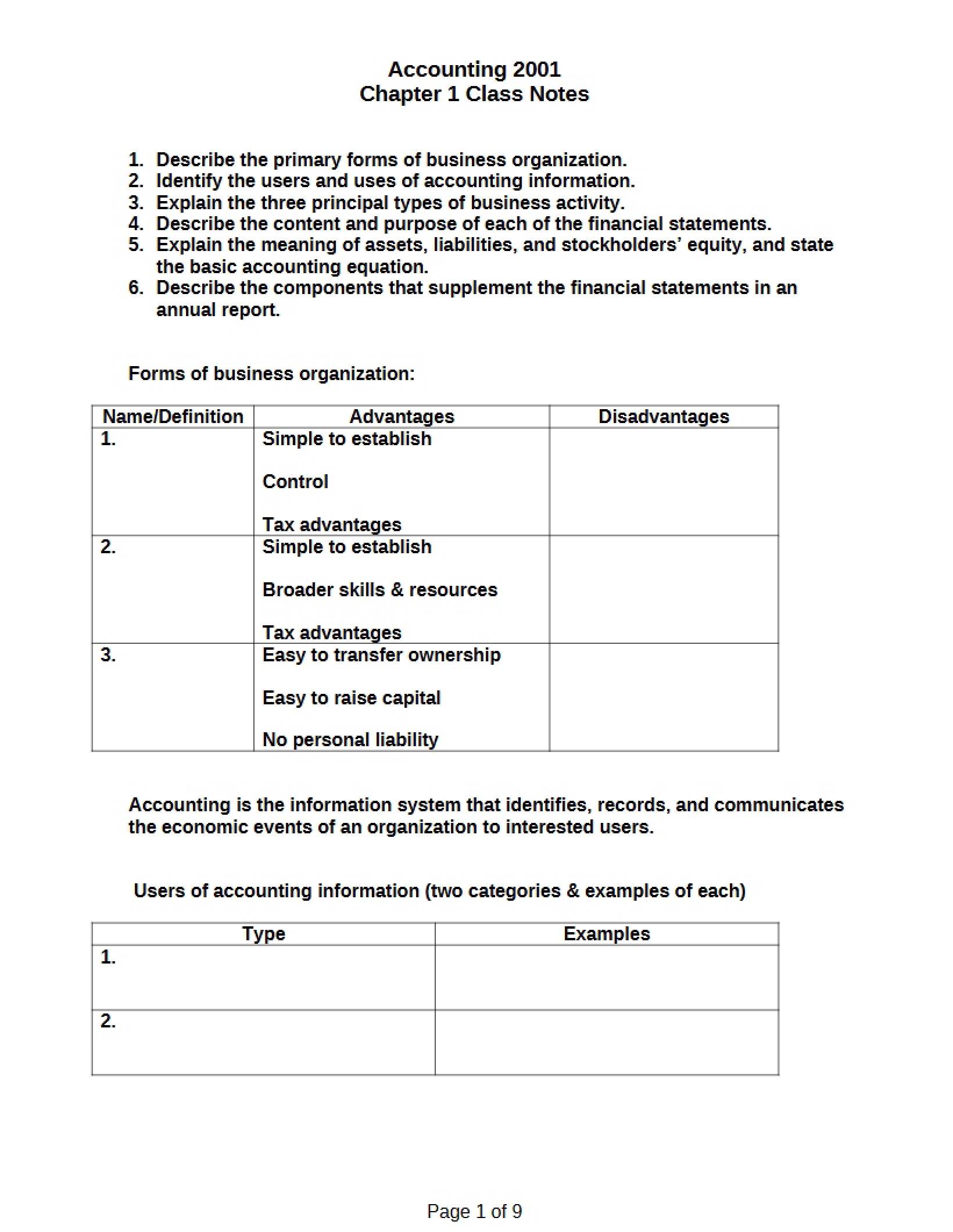 Financial Accounting Notes Ch 1