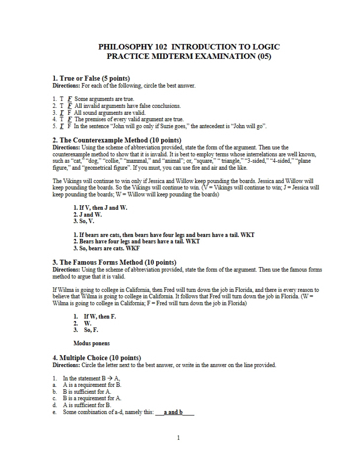 Key for Practice Midterm - PHIL 102