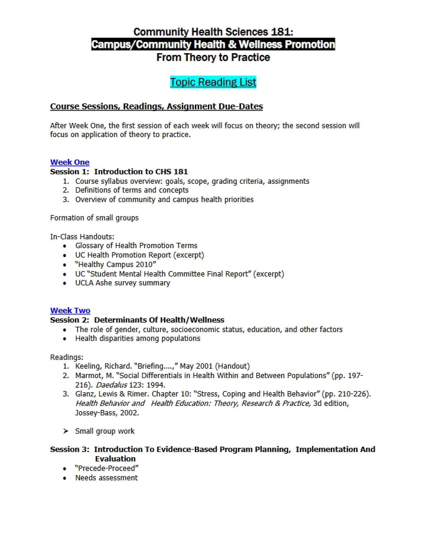 CHS181 Topic and Reading List