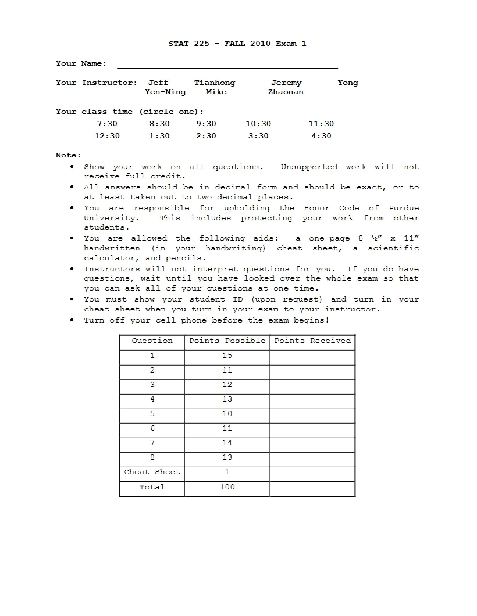 Examination Two - STAT 22500