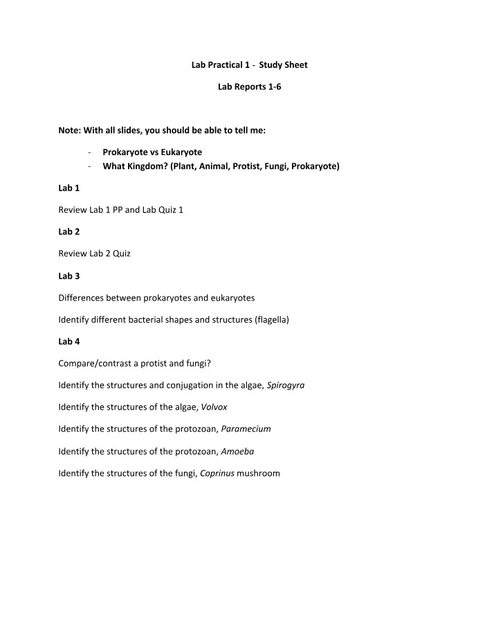 Study Sheet for Lab Practical 1