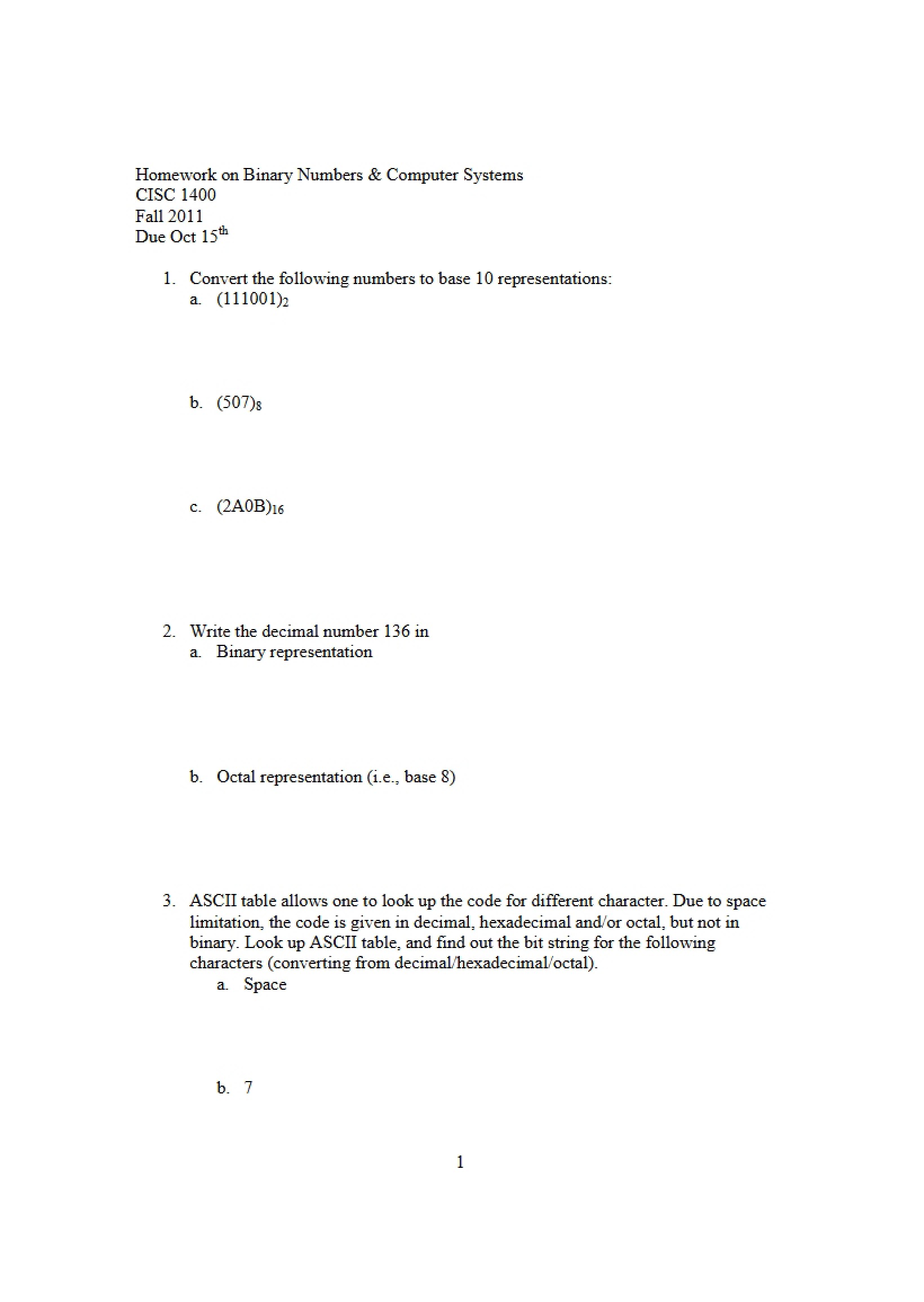 Computer Systems and Binary Numbers Homework