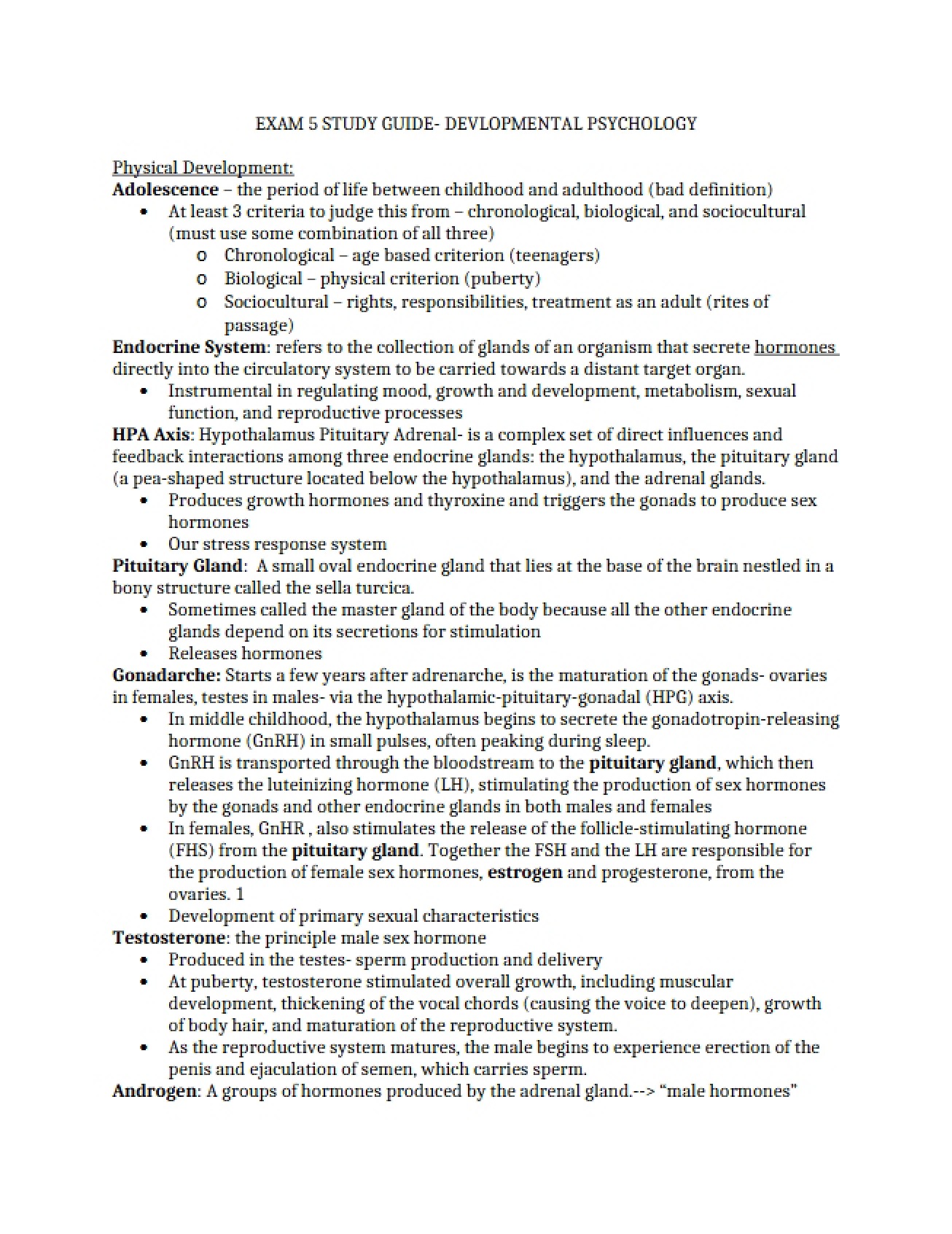 Study Guide for the Fifth Exam in Developmental Psychology