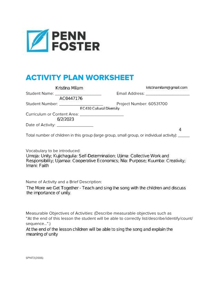Activity Plan Worksheet - Promoting Cultural Awareness and Unity Through Song