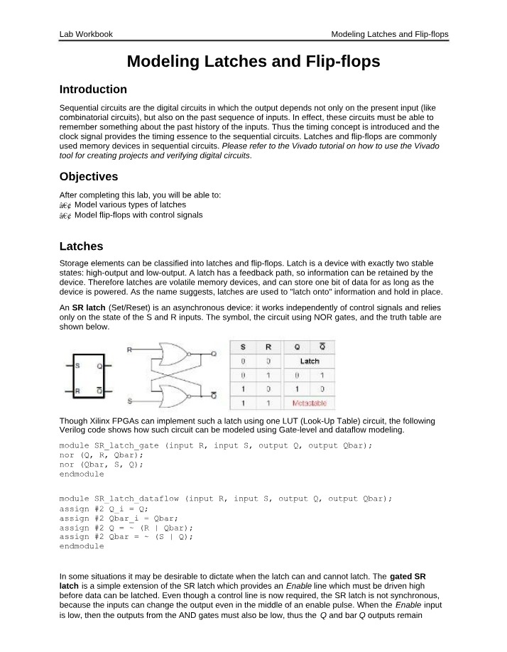 Lab Workbook - Modeling Latches and Flip-flops