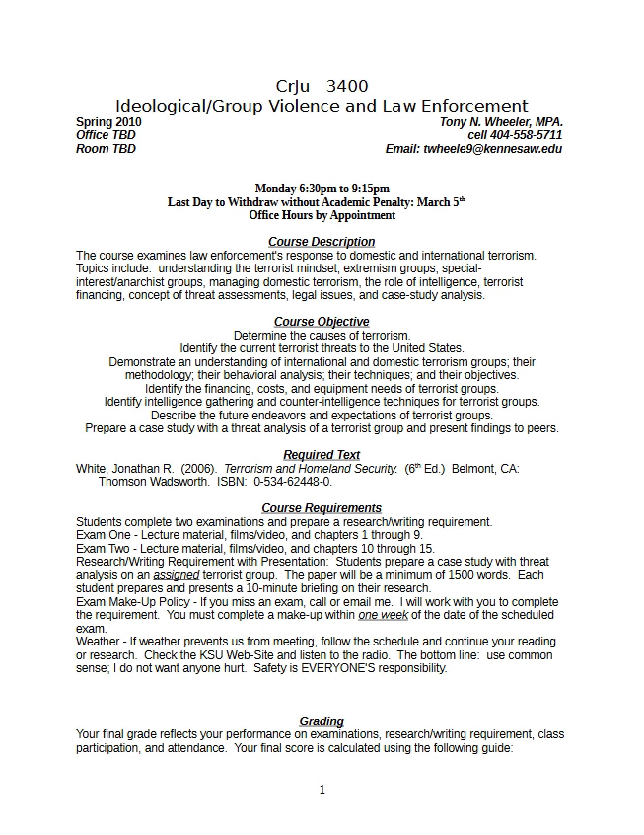 Comprehensive Syllabus for a Course on Ideological and Group Violence and the Law