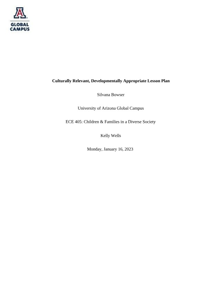 Kindergarten Lesson Plan - Culturally Diverse World