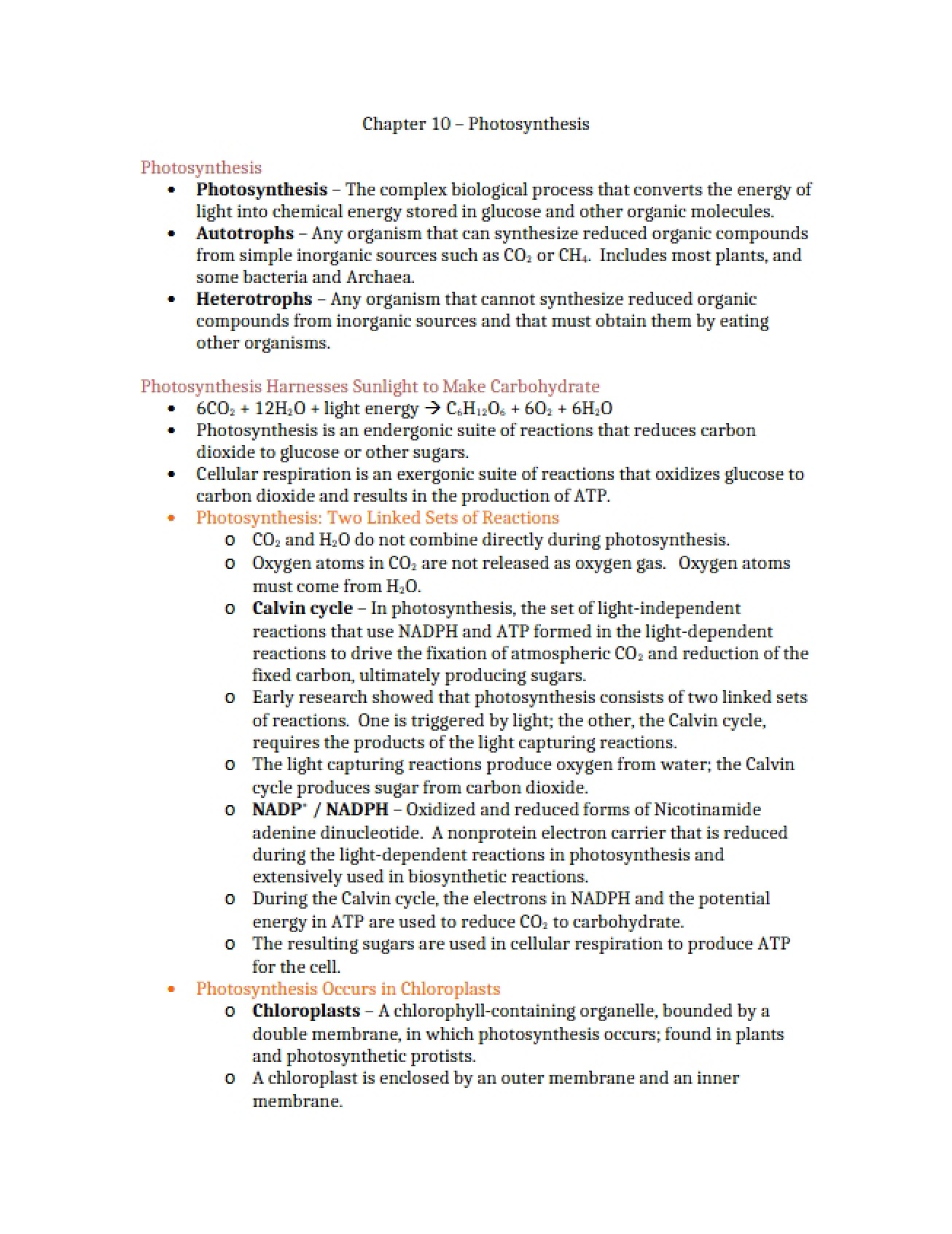 Photosynthesis (Chapter 10)