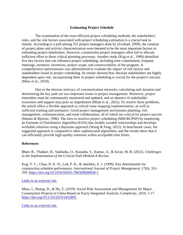 Factors and Risks in Efficient Project Scheduling Methods