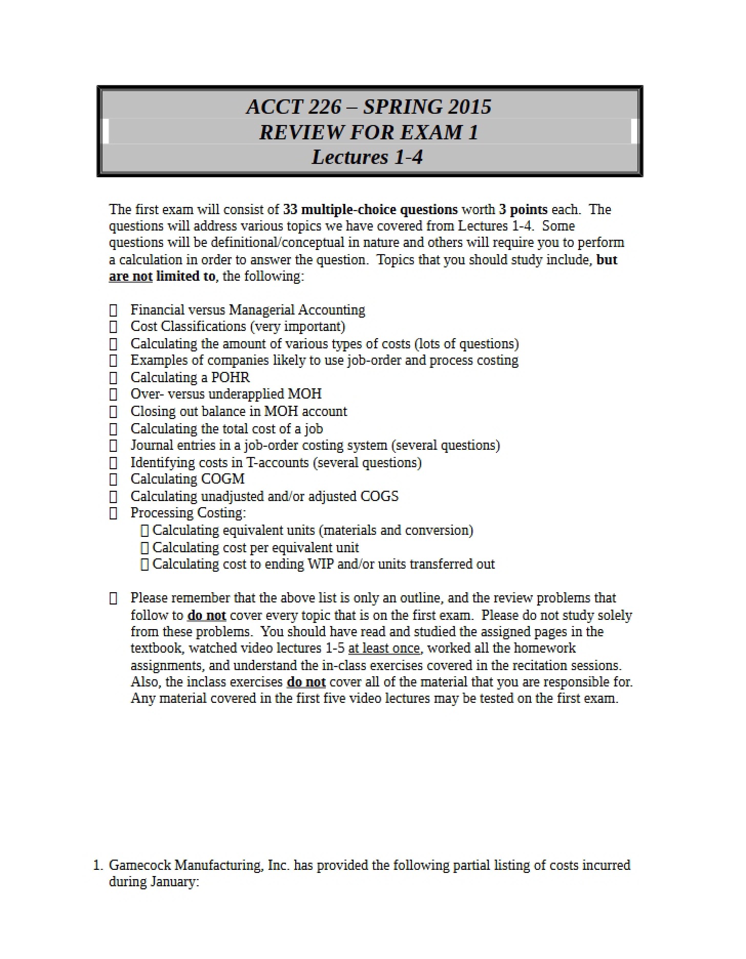 Study Guide for Test One