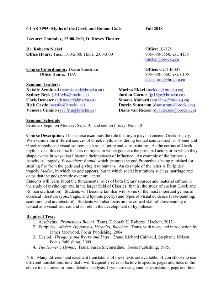 CLAS 1P95 - Fall 2018 Lecture Notes and Syllabus