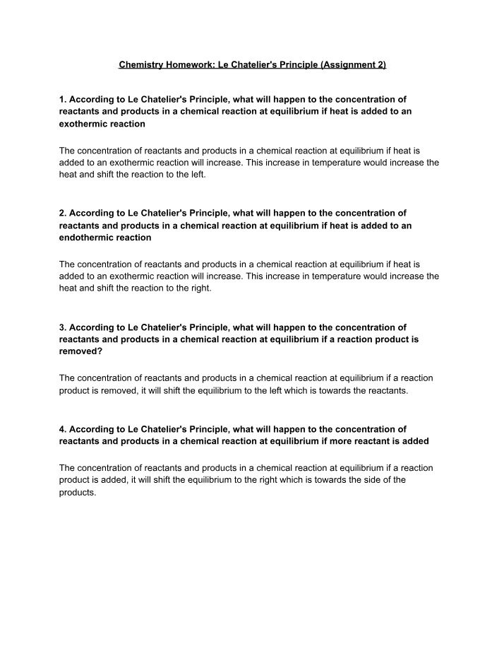 Assignment 2 - Le Chatelier's Principle