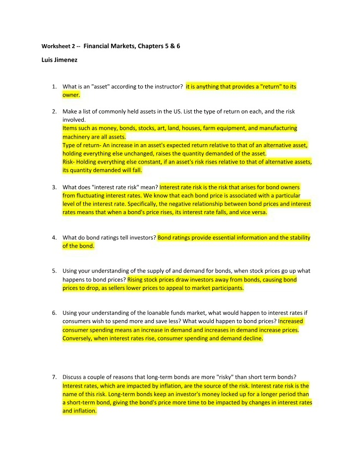 Financial Markets Worksheet (Chapters 5 & 6)