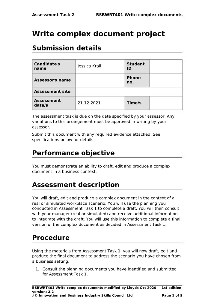 Task 2 - Write Complex Documents (BSBWRT401)
