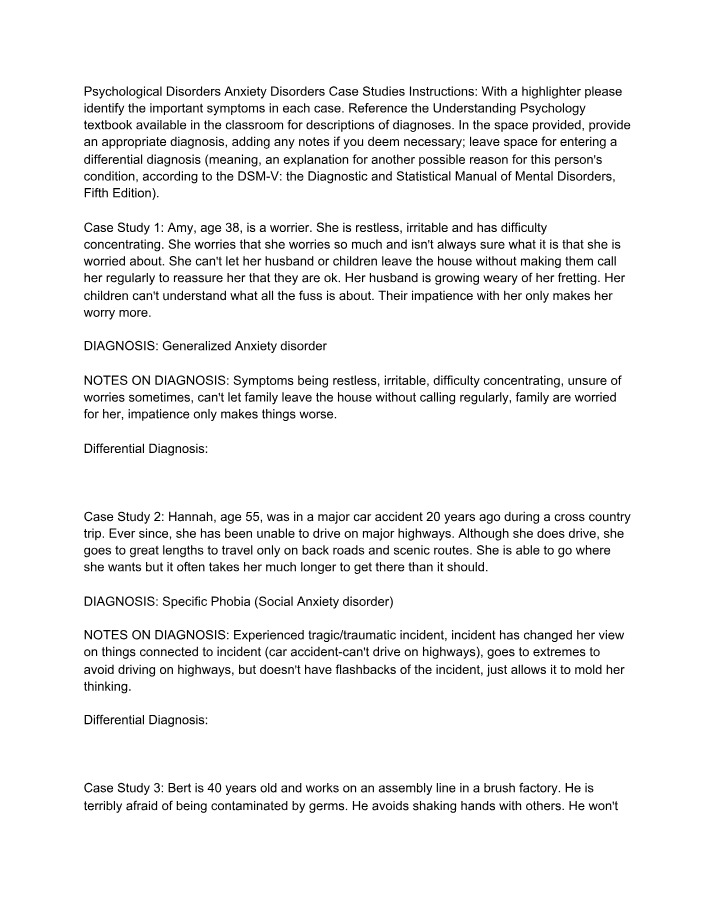 Case Studies on Psychological and Anxiety Disorders