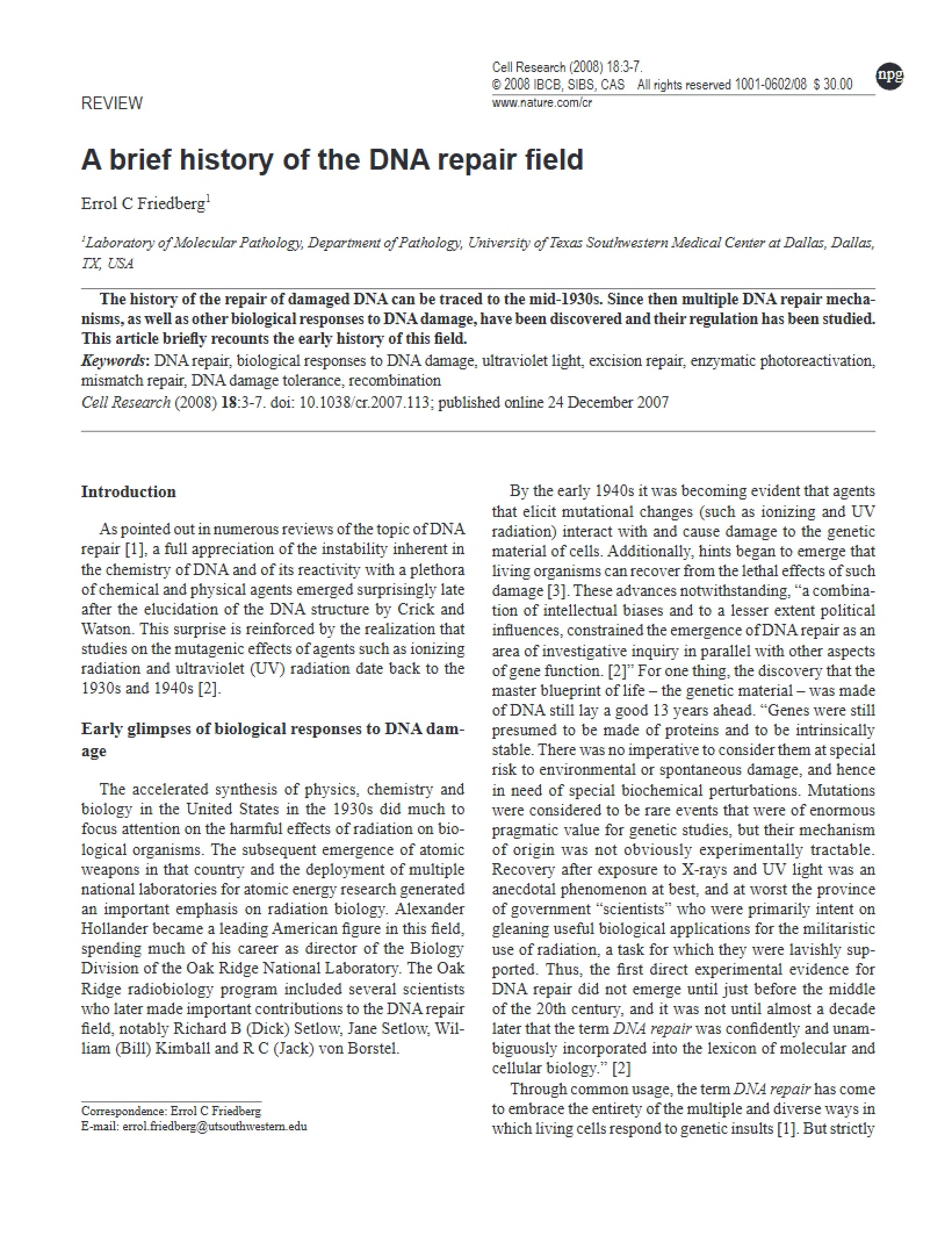 Historical Overview of DNA Repair