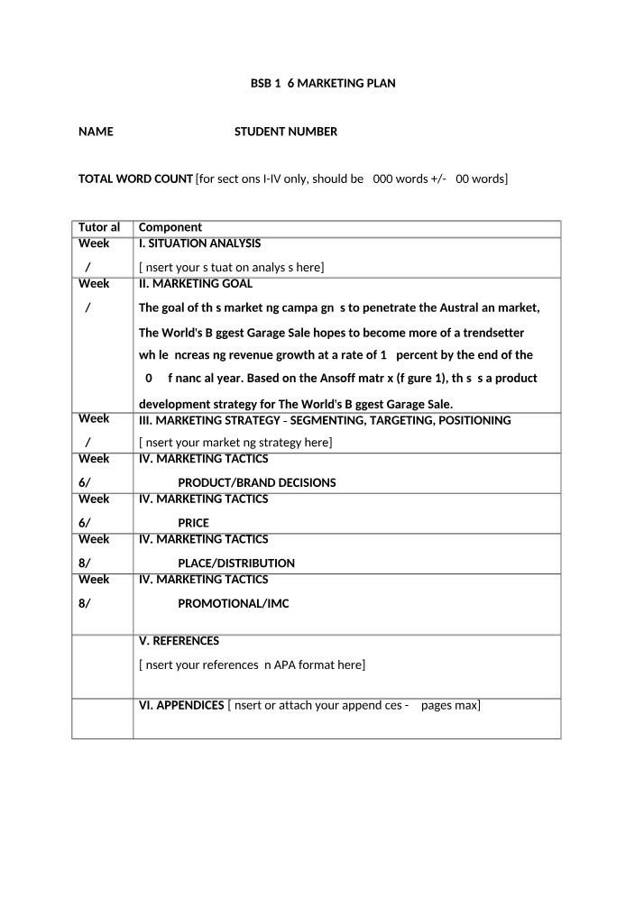 Template for BSB126 Marketing Plan Submission
