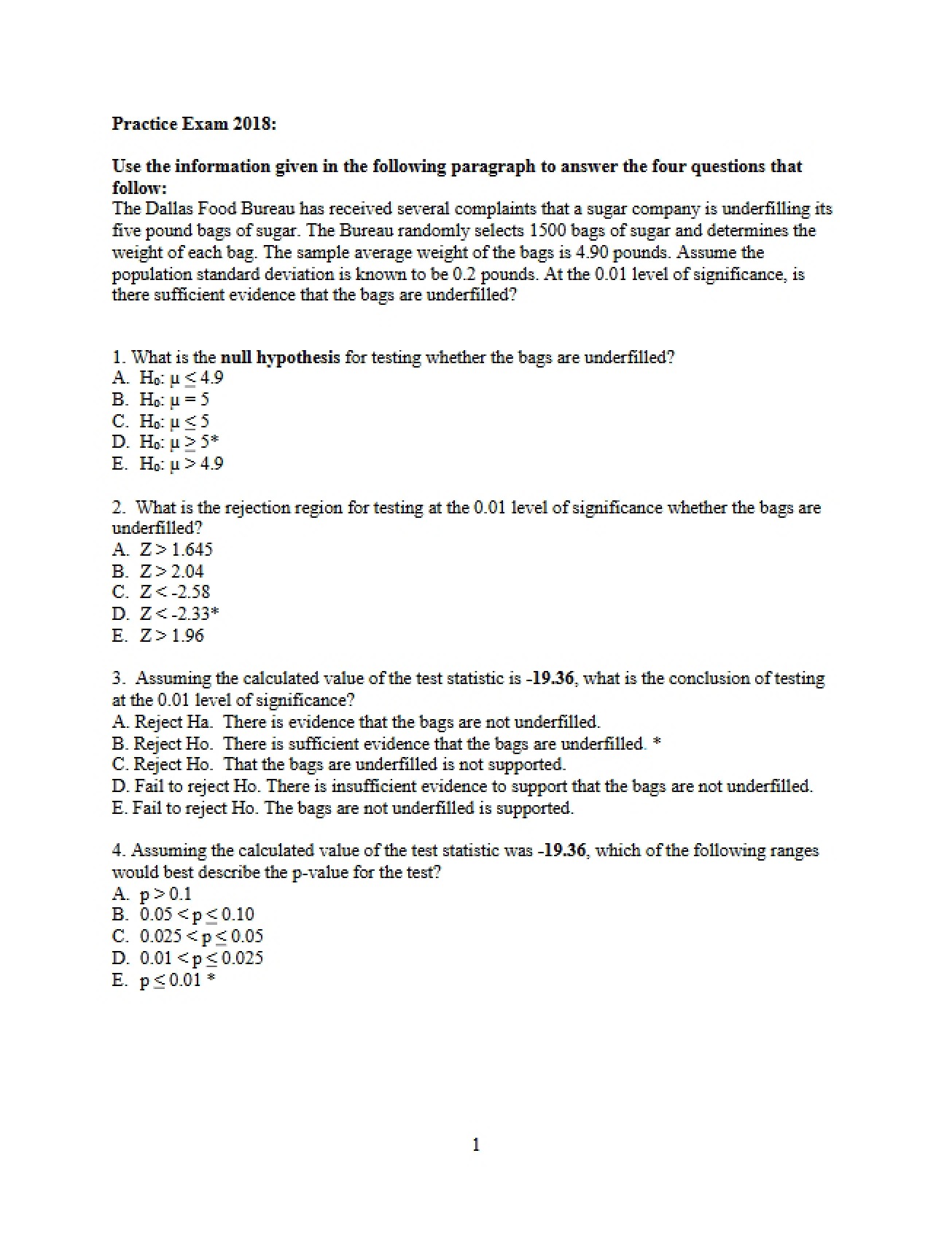 Practice Exam One with Answer Key
