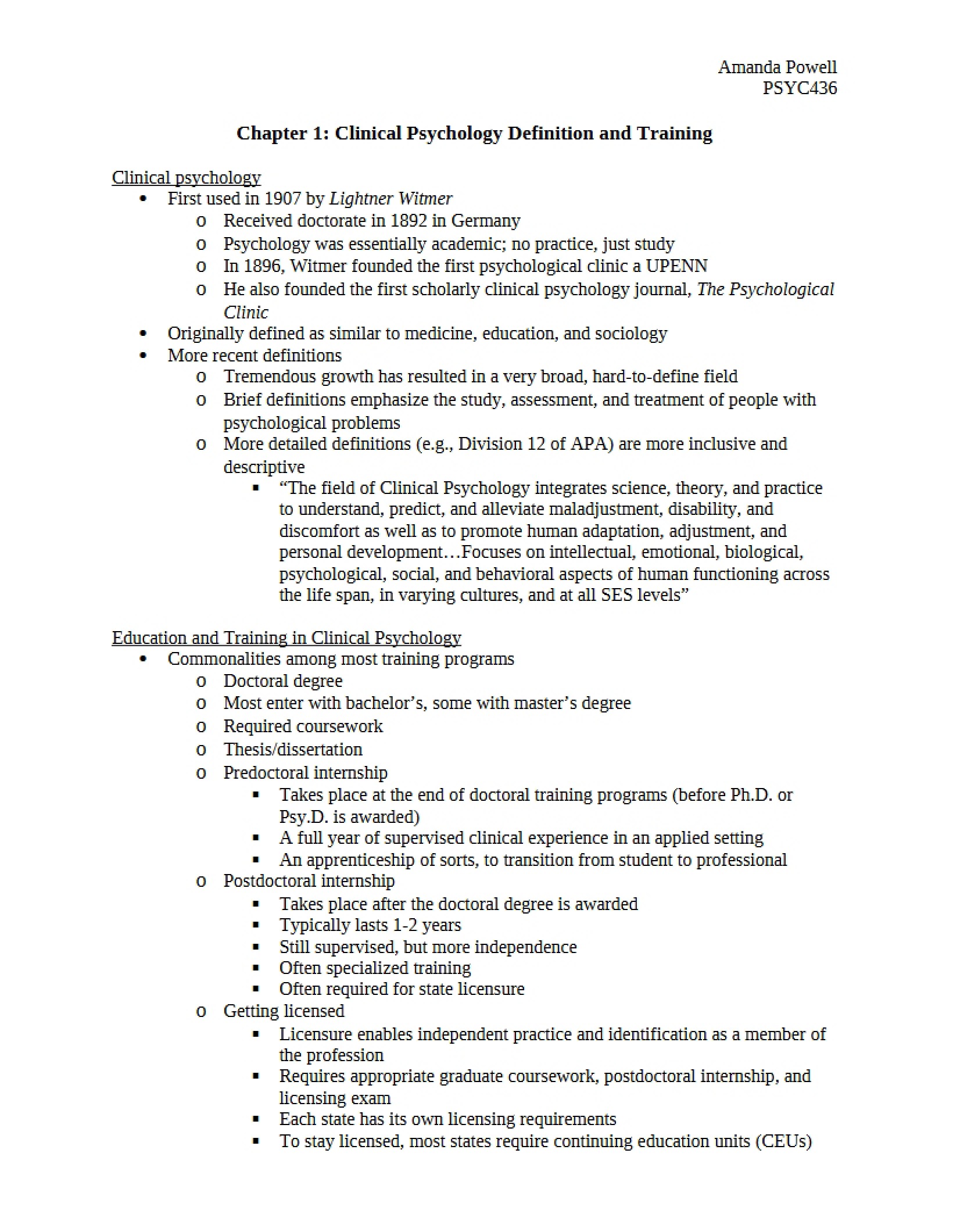 Training and Definition of Clinical Psychology Chapter 1