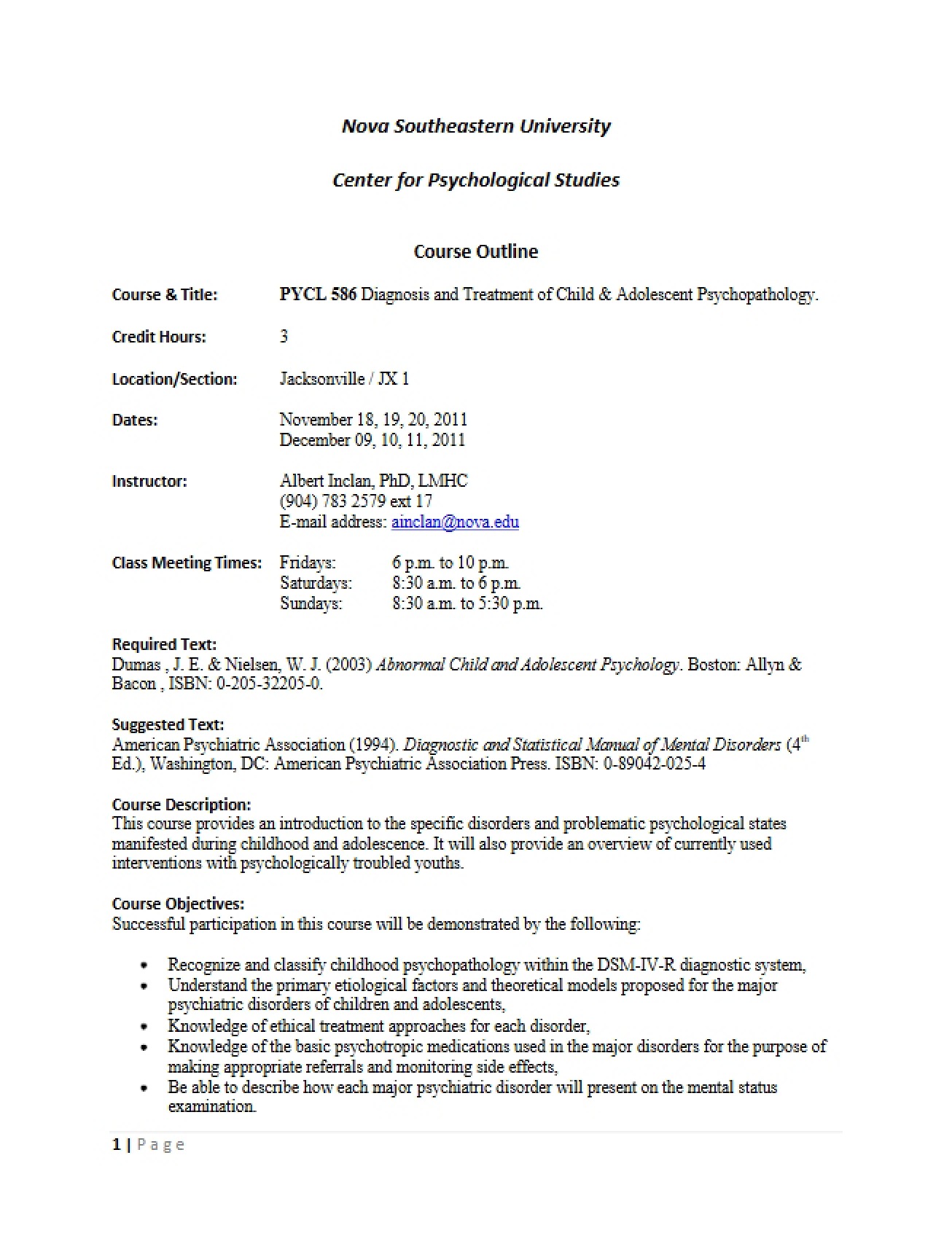 Child Psychopathology Treatment Syllabus